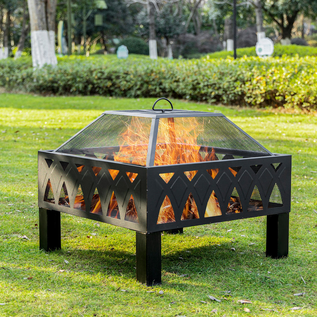 Outsunny Outdoor Fire Pit with Screen Cover, Wood Burner, Log Burning Bowl with Poker for Patio, Backyard, Black