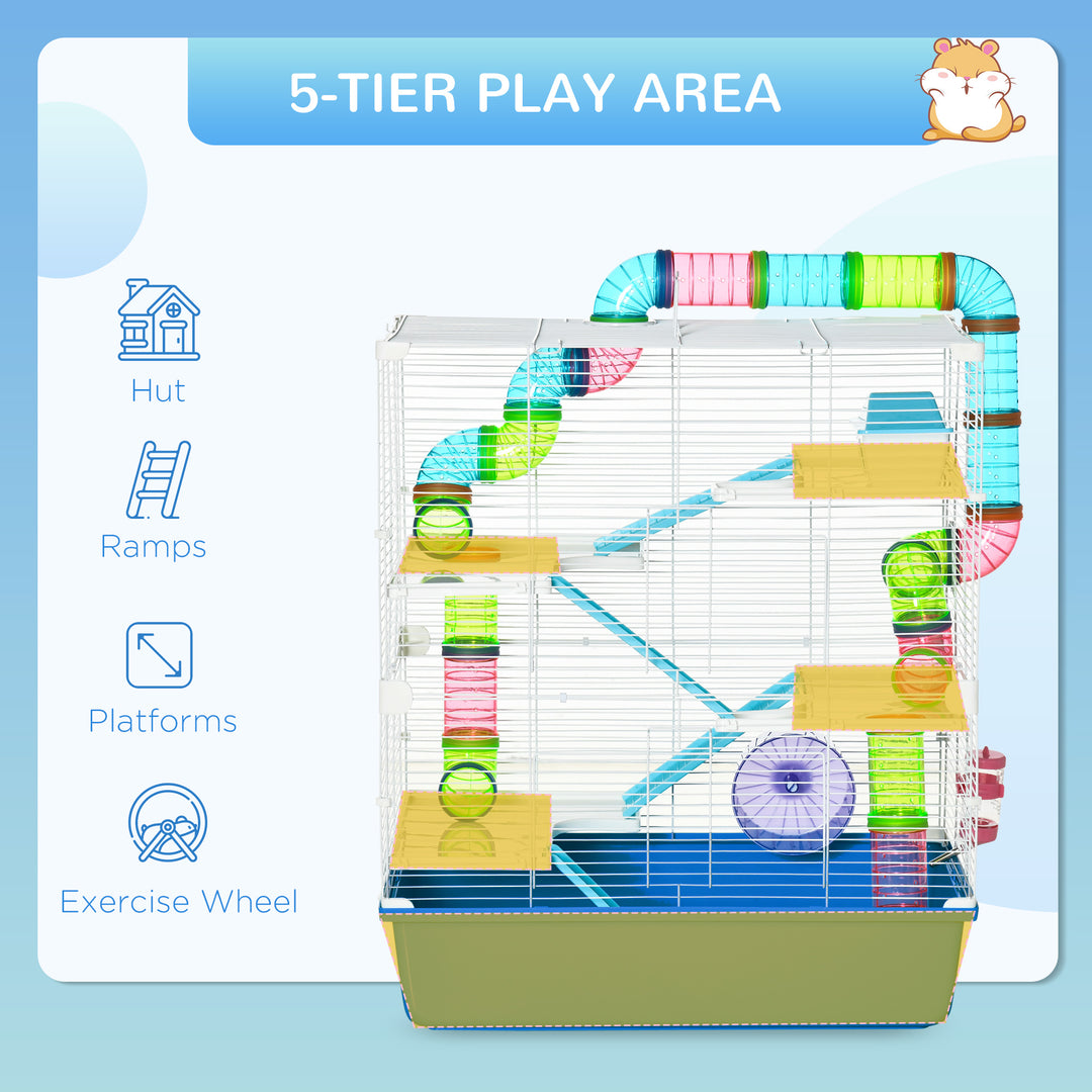 Large Hamster Cage, 5-Level Gerbil Haven, Small Rodent House, Tunnel Tube System, with Water Bottle, Exercise Wheel, Ramps, 59x36x 69 cm Blue