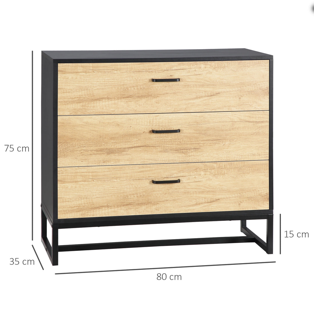 Drawer Chest, 3-Drawer Storage Cabinet Organiser with Steel Frame for Bedroom, Living Room, 80cmx35cmx75cm, Natural