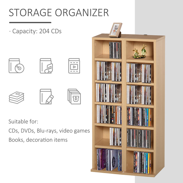 HOMCOM 204 CD Media Display Shelf Unit Set of 2 Blu-Ray DVD Tower Rack w/ Adjustable Shelves Bookcase Storage Organiser, Natural Wood Color