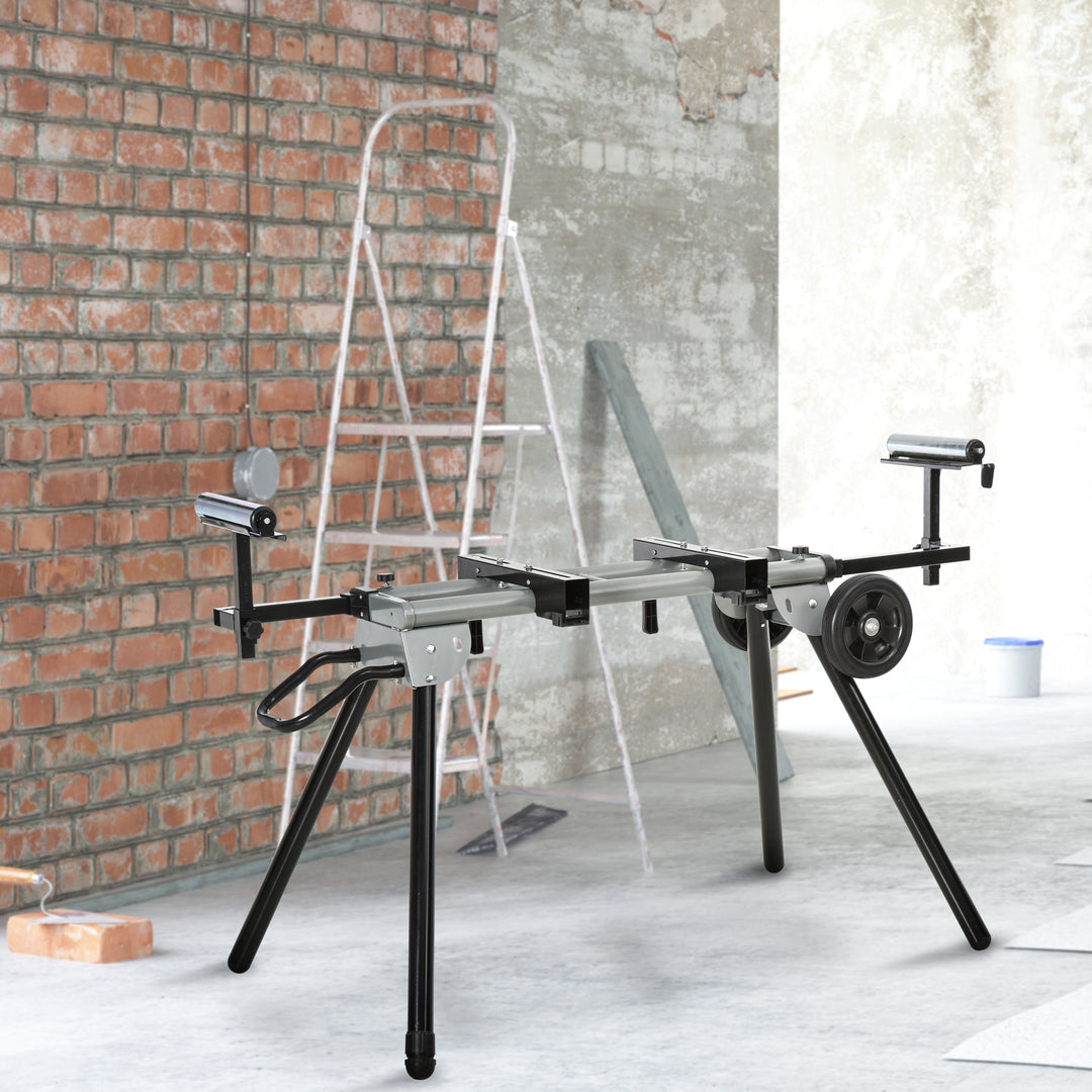 DURHAND Miter Saw Stand with Extensions, Sawhorse for Cutting Logs, Foldable with Wheels Max Load 150 Kg, Black and Grey