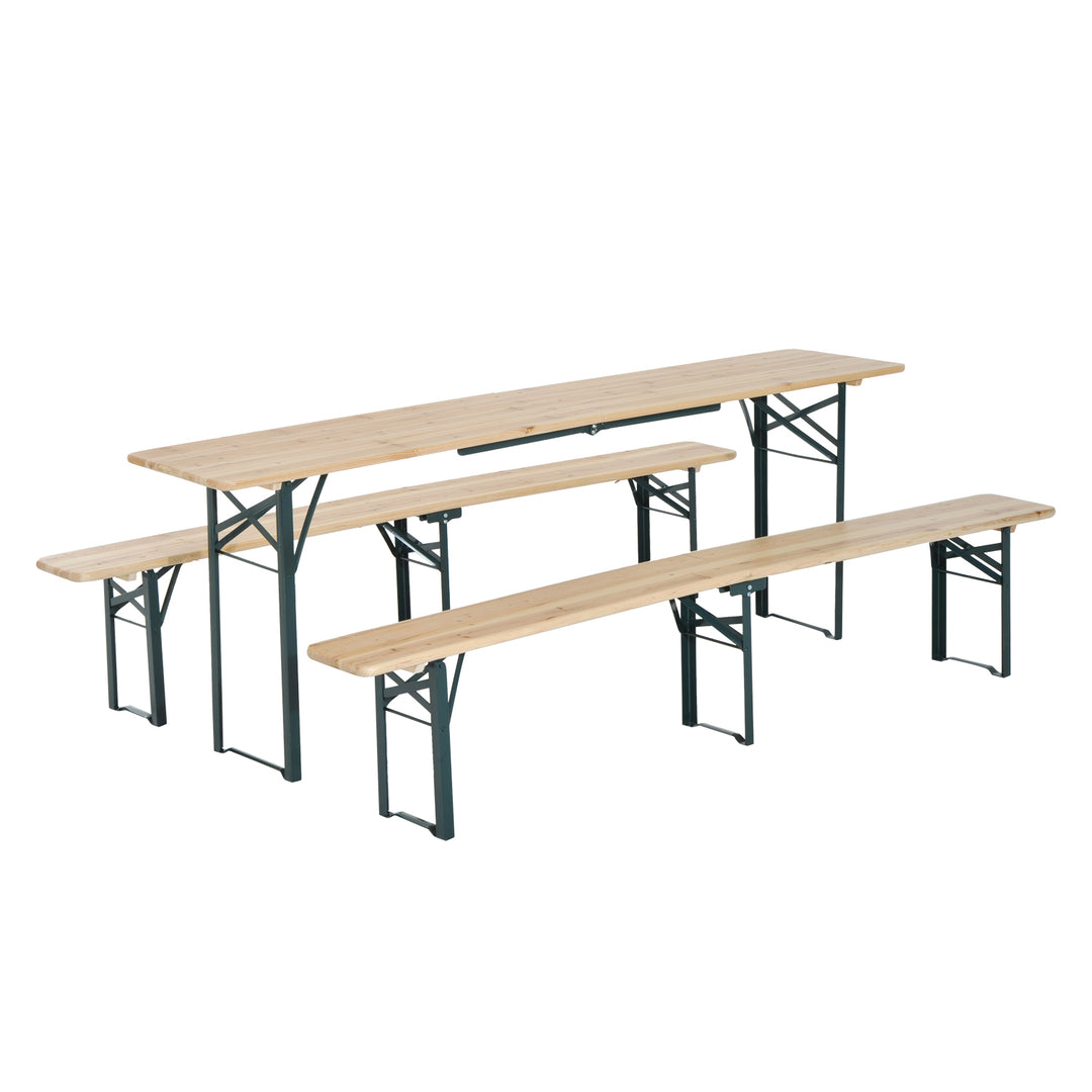 Portable Folding Camping Picnic Trestle Beer Table and Bench Set Garden BBQ Chairs Stools Wooden Wood - 218L x 24.5W x 43Hcm