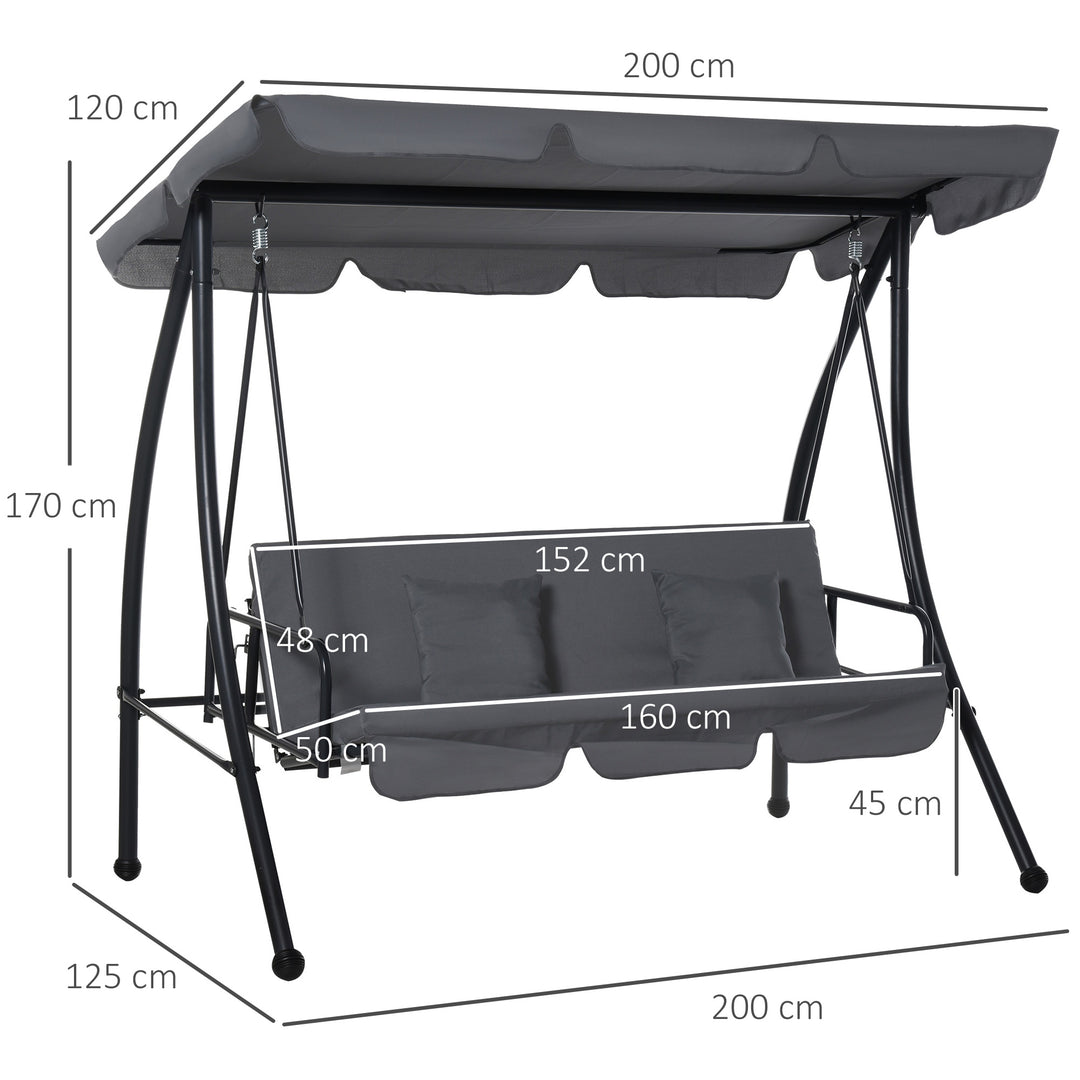 Outsunny 2-in-1 Patio Swing Chair Lounger 3 Seater Garden Swing Seat w/ Convertible Tilt Canopy and Cushion, Dark Grey