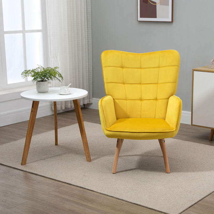 HOMCOM Modern Accent Chair Velvet-Touch Tufted Wingback Armchair Upholstered Leisure Lounge Sofa Club Chair with Wood Legs, Yellow