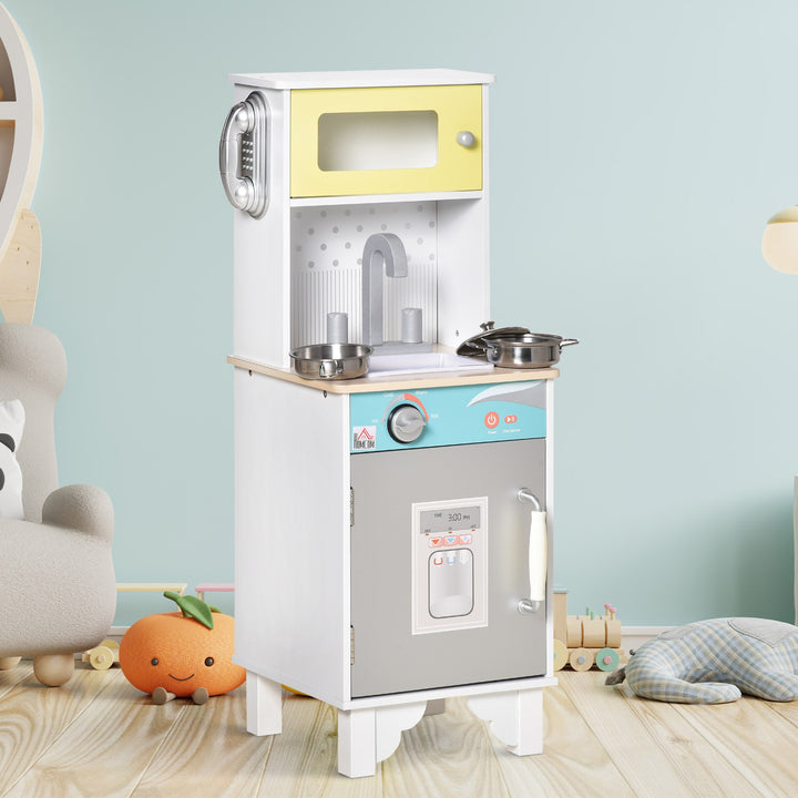 HOMCOM Kids Kitchen Play Cooking Toy Set, Children Educational Pretend Role Playset, Multiple Storage, with Sink, Telephone, Pots, Nature Wood