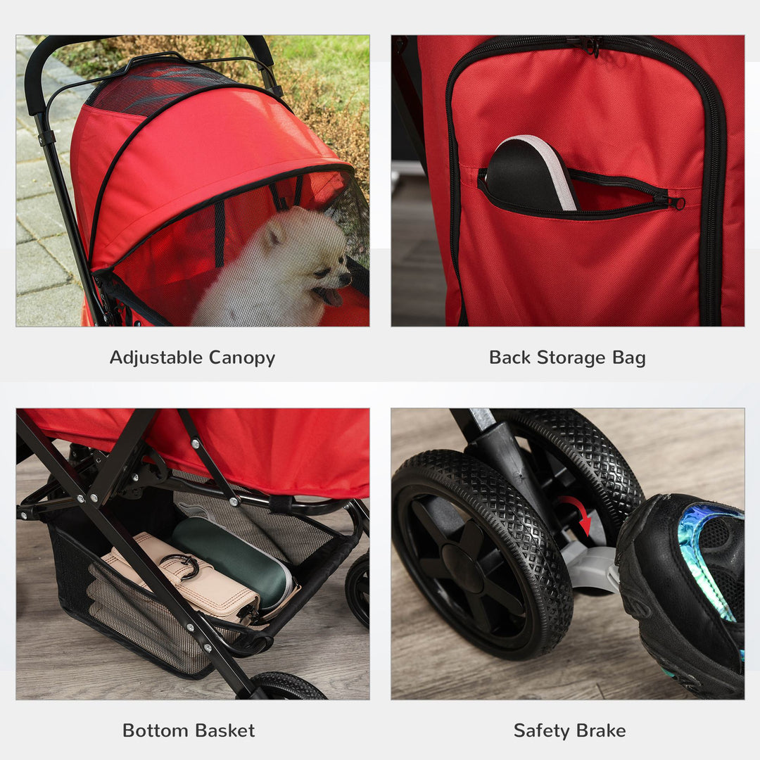 PawHut Pet Stroller Dog Travel Pushchair Foldable Jogger with Reversible Handle EVA Wheel Brake Basket Adjustable Canopy Safety Leash Red