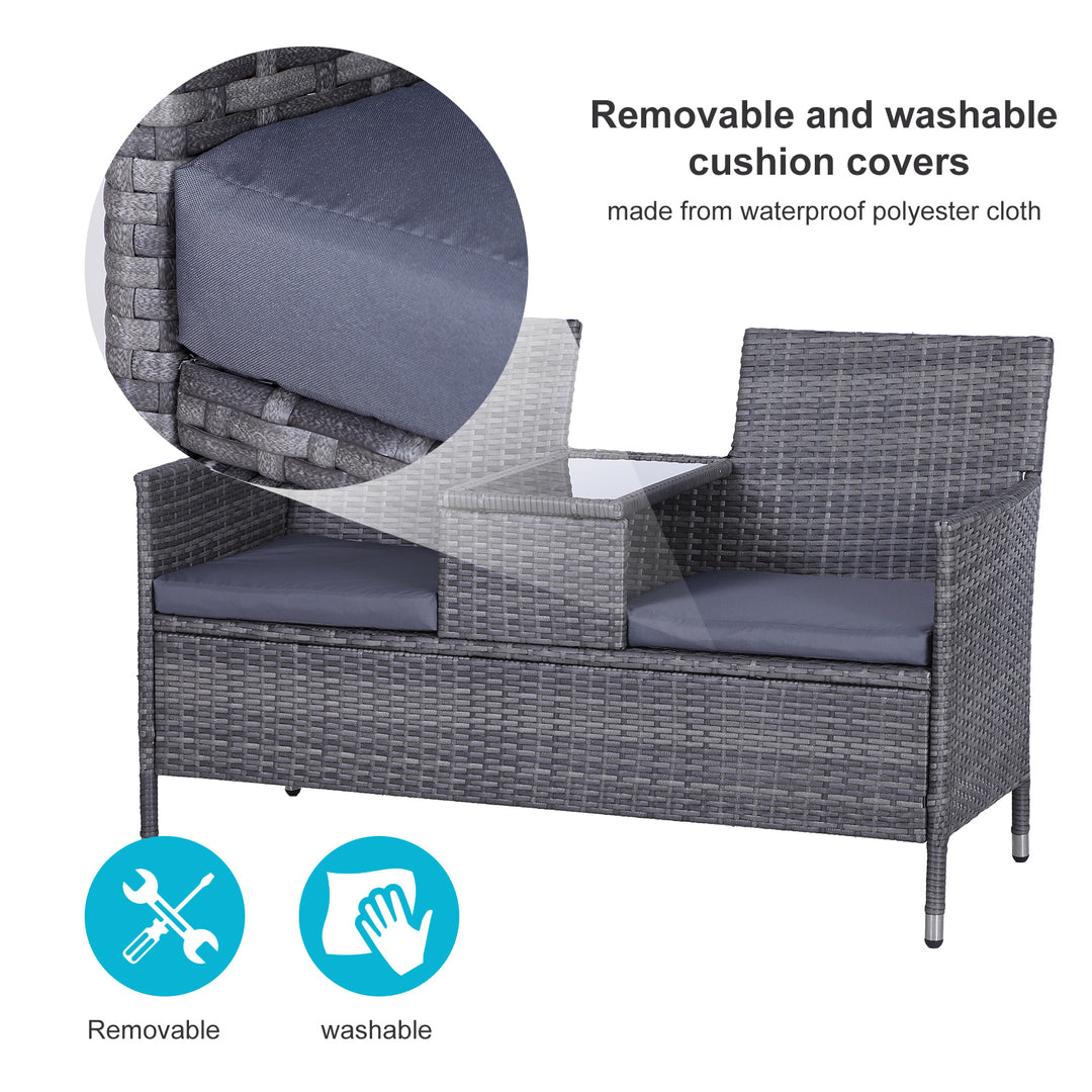 Outsunny Garden Rattan 2 Seater Companion Seat Wicker Love Seat Weave Partner Bench with Cushions Patio Outdoor Furniture - Grey
