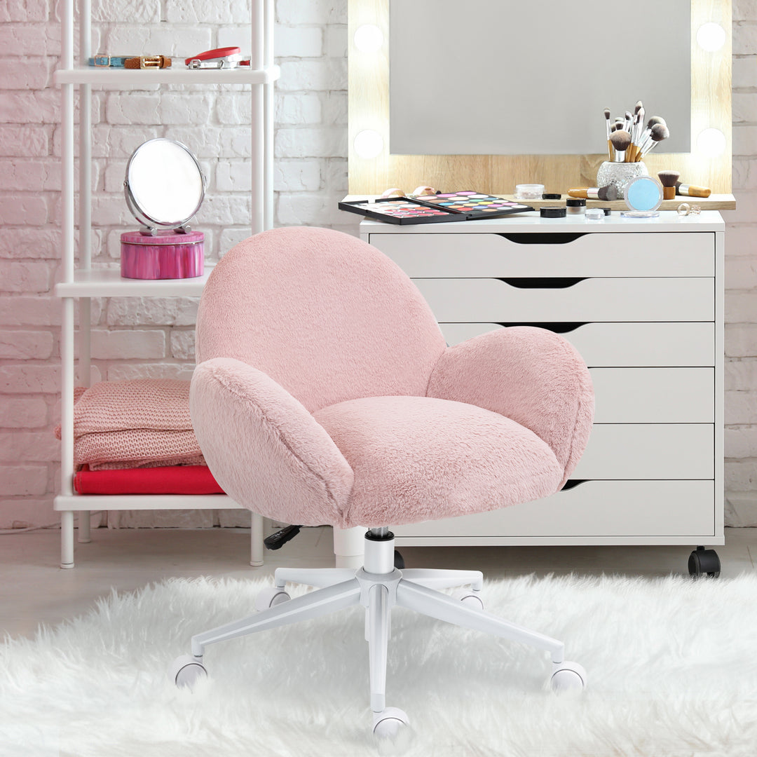 Fluffy Leisure Chair Office Chair with High Back and Armrest for Home Bedroom Living Room with Wheels, Pink