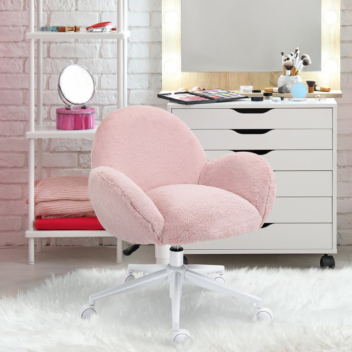 Fluffy Leisure Chair Office Chair with High Back and Armrest for Home Bedroom Living Room with Wheels, Pink