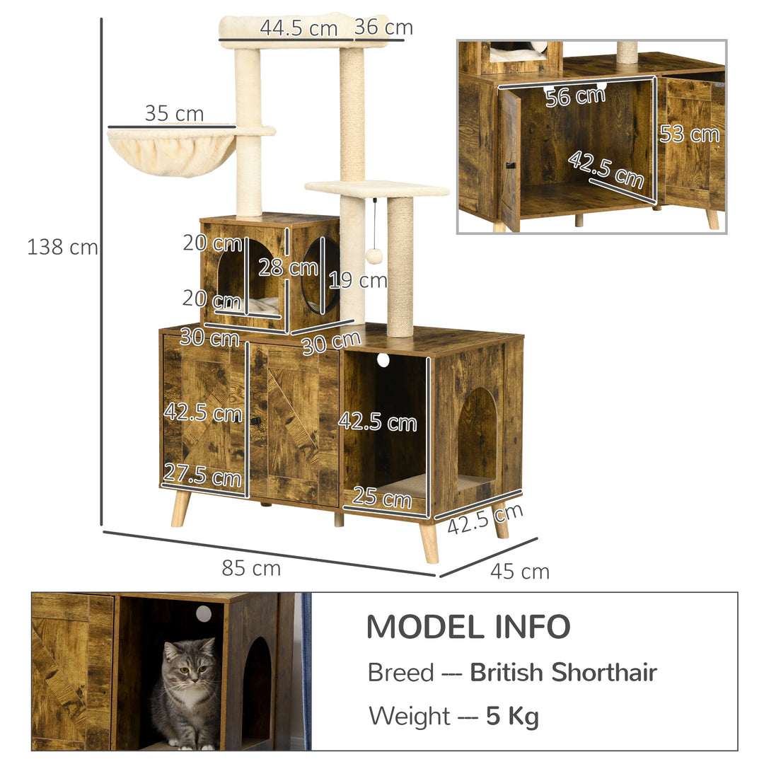 Cat Litter Box Enclosure, with Tree Tower, Cat House, Hammock, Cushion - Rustic Brown