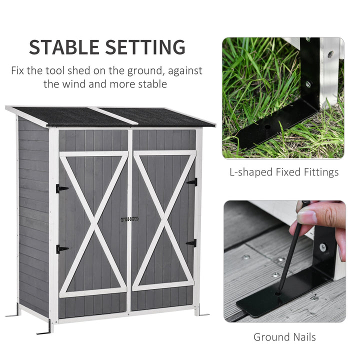Outsunny Garden Wood Storage Shed w/ Storage Table, Hooks and Ground Nails Multifunction Lockable Sheds Tool Organizer, 139 x 75 x 160cm, Grey