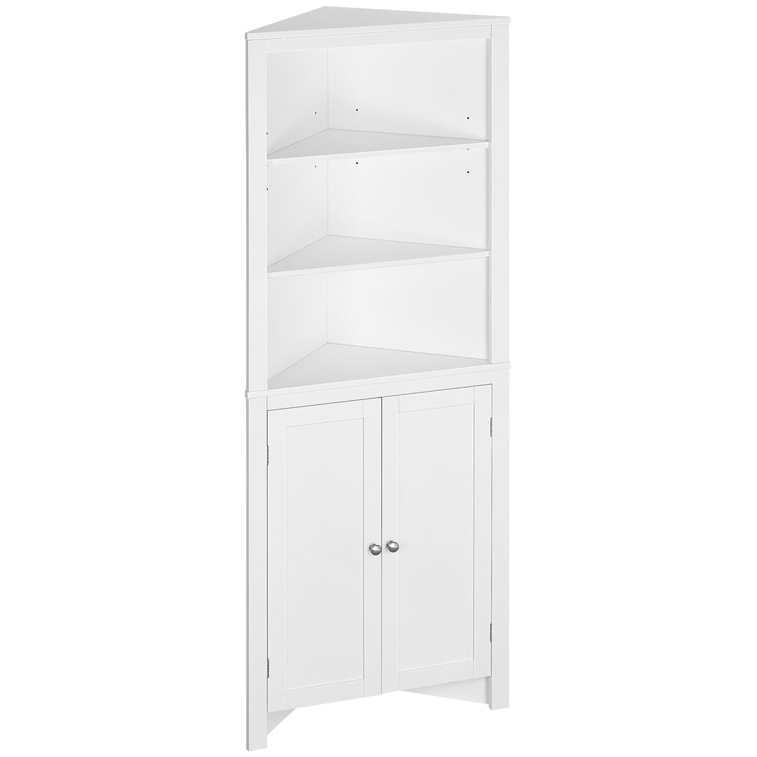 Triangle Bathroom Cabinet, Corner Bathroom Storage Unit with Cupboard and 3-Tier Shelves, Free Standing, White