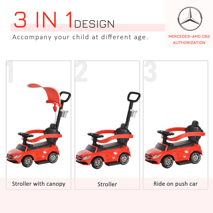3 in 1 Ride On Push Along Car Mercedes Benz for Toddlers Stroller Sliding Walking Car with Sun Canopy Horn Safety Bar Cup Holder Ride on Toy
