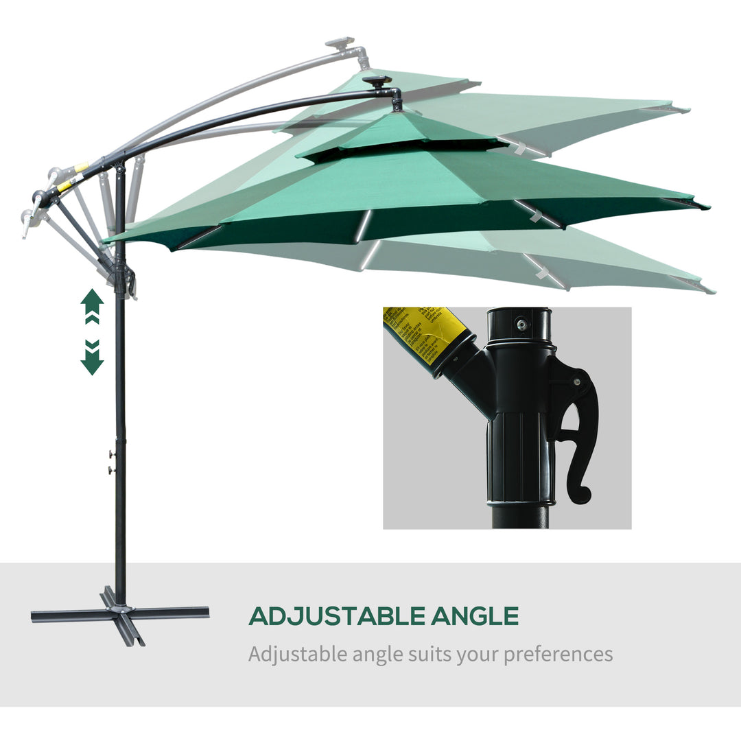 Outsunny 3(m) Cantilever Parasol Banana Hanging Umbrella with Double Roof, LED Solar lights, Crank, 8 Sturdy Ribs and Cross Base Green