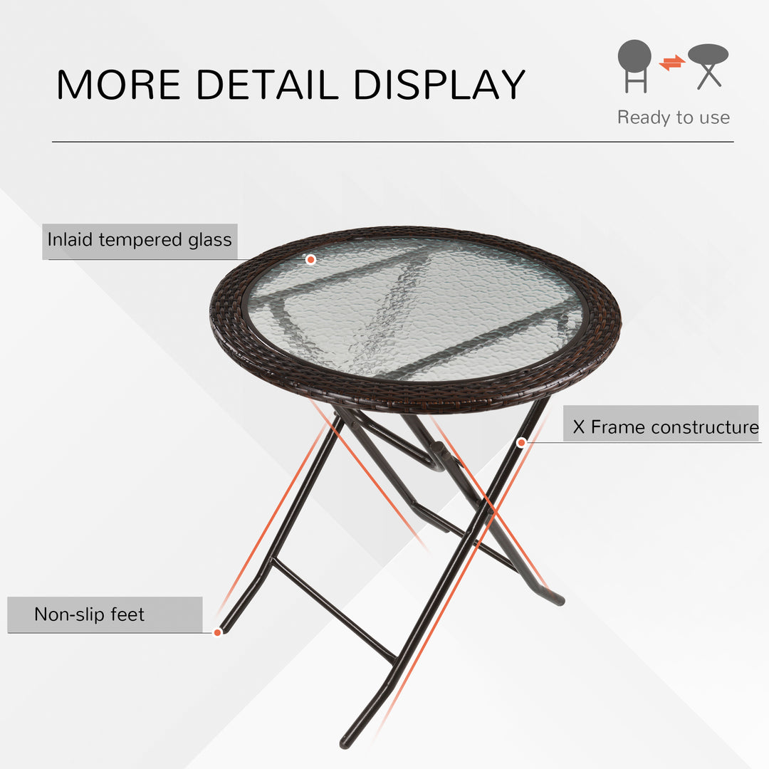 Folding Round Tempered Glass Metal Table with Brown Rattan Edging