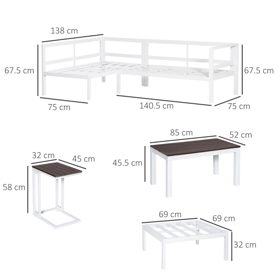 5-Piece L-shaped Garden Furniture Set, Aluminium Conversation Set, Corner Sofa Set with Coffee Table End Table Cushions, White Frame