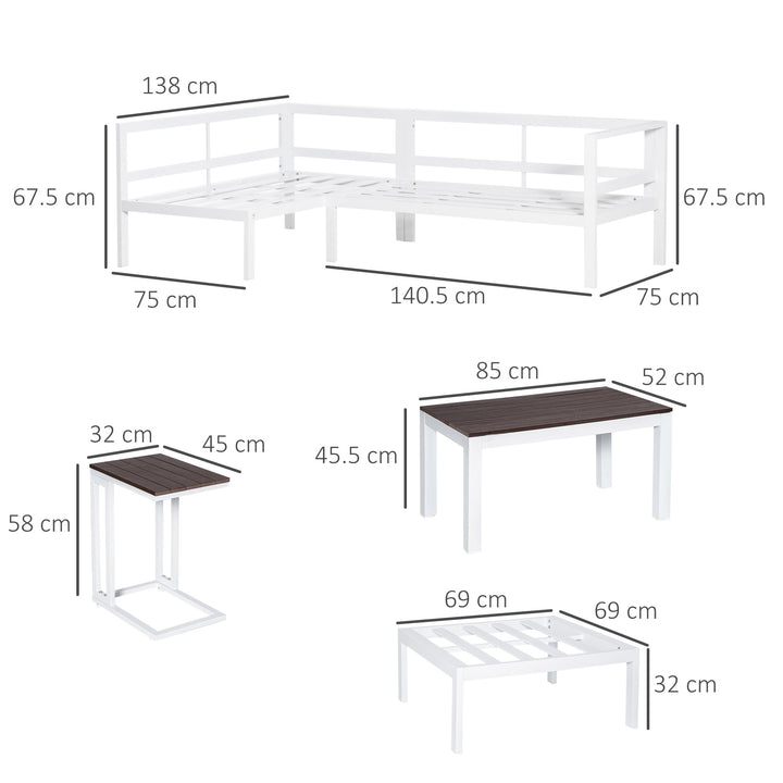 5-Piece L-shaped Garden Furniture Set, Aluminium Conversation Set, Corner Sofa Set with Coffee Table End Table Cushions, White Frame