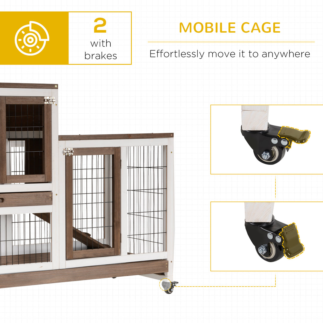 PawHut Wooden Indoor Rabbit Hutch Guinea Pig House Bunny Small Animal Cage W/ Wheels Enclosed Run 110 x 50 x 86 cm, Brown