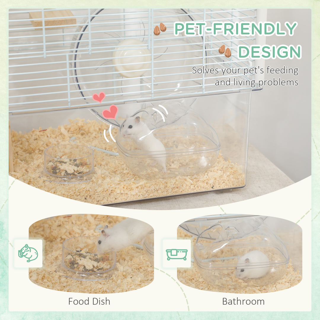 Hamster Cage, Gerbilarium Cage, Wooden Ramp, Exercise Wheel, Food Bowl, Natural Tone and White