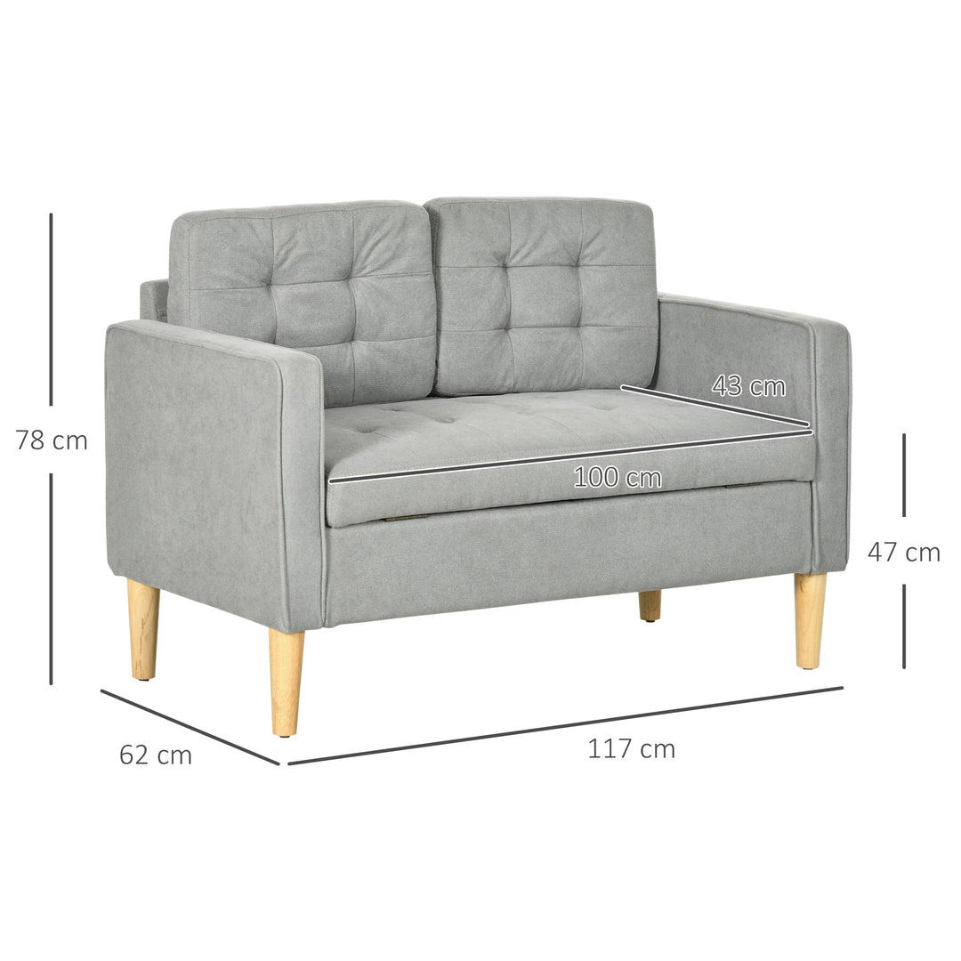 Modern 2 Seater Sofa with Hidden Storage, 117cm Tufted Cotton Couch, Compact Loveseat Sofa with Wood Legs, Light Grey