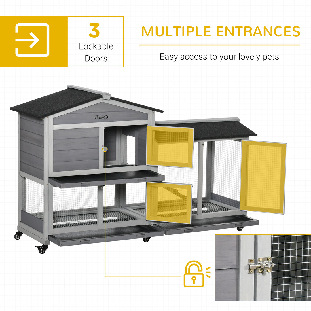 PawHut Two-Tier Rabbit Hutch and Run Wooden Mobile Guinea Pig Hutch Bunny Cage w/ Wheels, Run, Slide-Out Tray, Ramp 157.4 x 53 x 99.5 cm