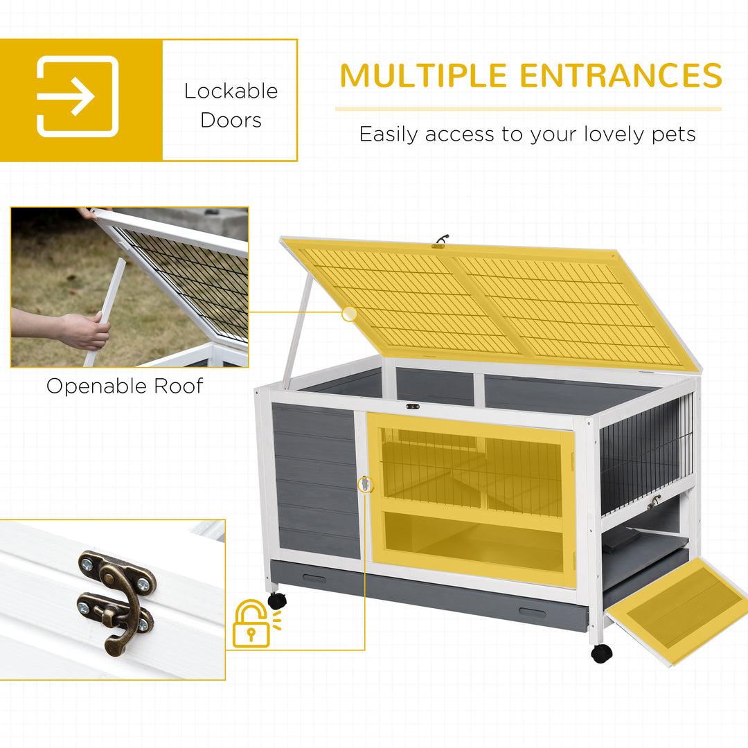 PawHut Wooden Rabbit Hutch Elevated Pet Bunny House Rabbit Cage with Slide-Out Tray Indoor Grey