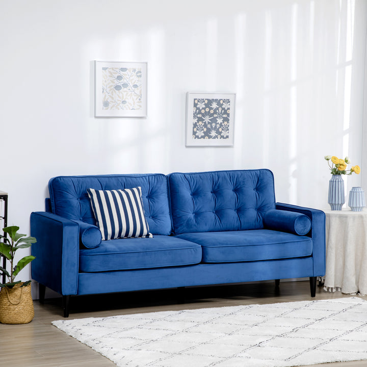 Mid-Century 3-Seater Sofa, 204 cm Sofa Couch with Button-Tufted Back Cushion, Velvet Feel Fabric Upholstery for Living Room, Bedroom Blue