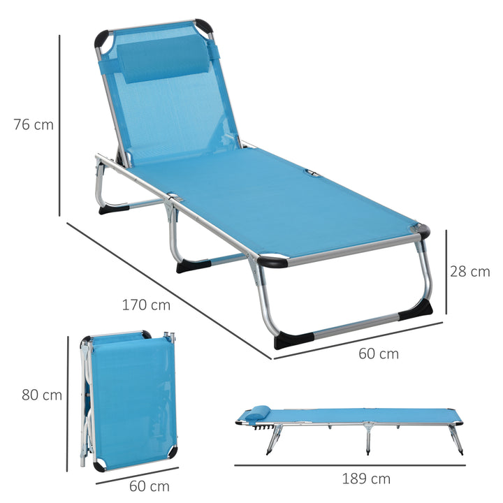 Outsunny 2 Pieces Foldable Sun Lounger with Pillow, 5-Level Adjustable Reclining Lounge Chair, Aluminium Frame Camping Bed Cot, Blue