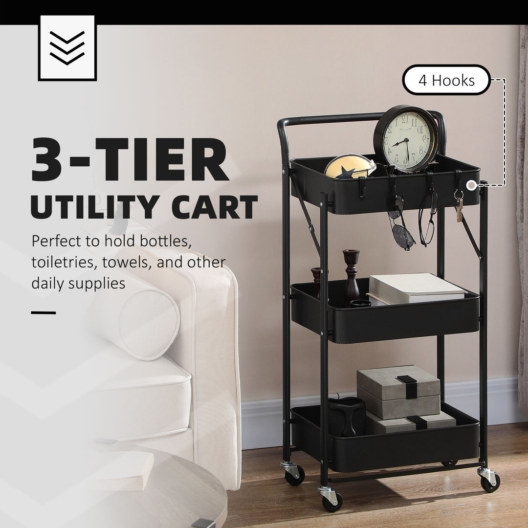 3 Tier Storage Trolley Cart, Foldable Rolling Utility Cart with 3 Mesh Baskets, 4 Removable Hooks for Living Room, Laundry and Kitchen, Black