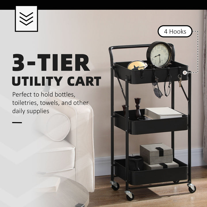 3 Tier Storage Trolley Cart, Foldable Rolling Utility Cart with 3 Mesh Baskets, 4 Removable Hooks for Living Room, Laundry and Kitchen, Black