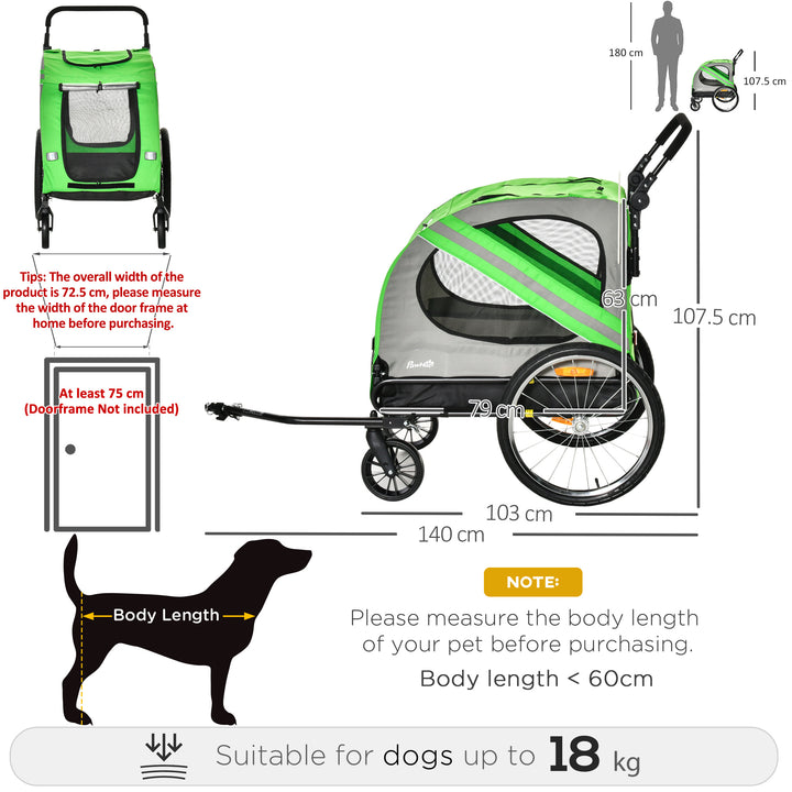 PawHut Dog Bike Trailer 2-in-1 Pet Stroller Cart Bicycle Carrier Attachment for Travel in steel frame with Universal Wheel Reflectors Flag Green