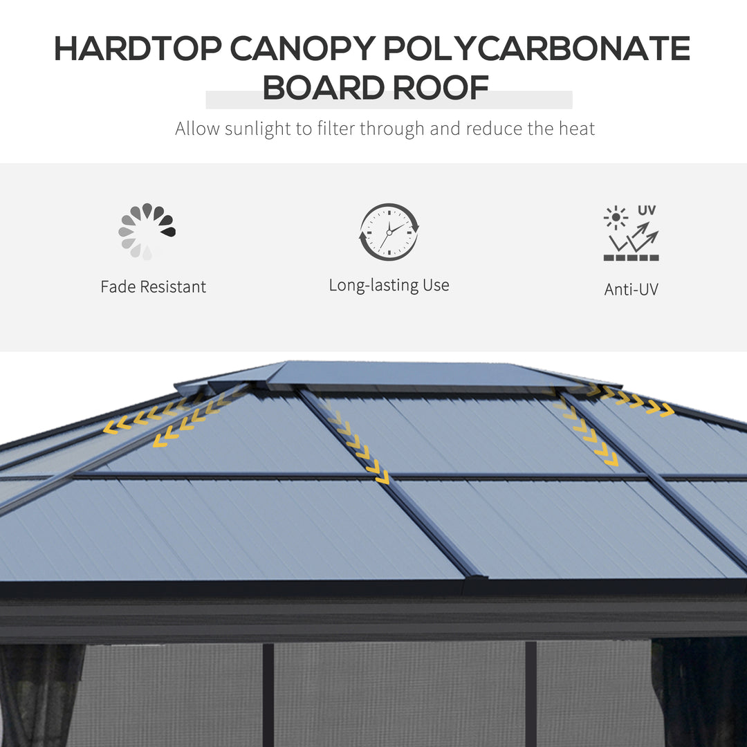 Outsunny 4 x 3.6m Hardtop Gazebo with UV Resistant Polycarbonate Roof & Aluminium Frame, Garden Pavilion with Mosquito Netting and Curtains