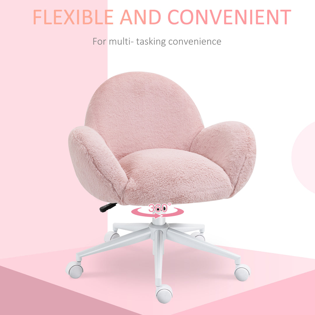 Fluffy Leisure Chair Office Chair with High Back and Armrest for Home Bedroom Living Room with Wheels, Pink