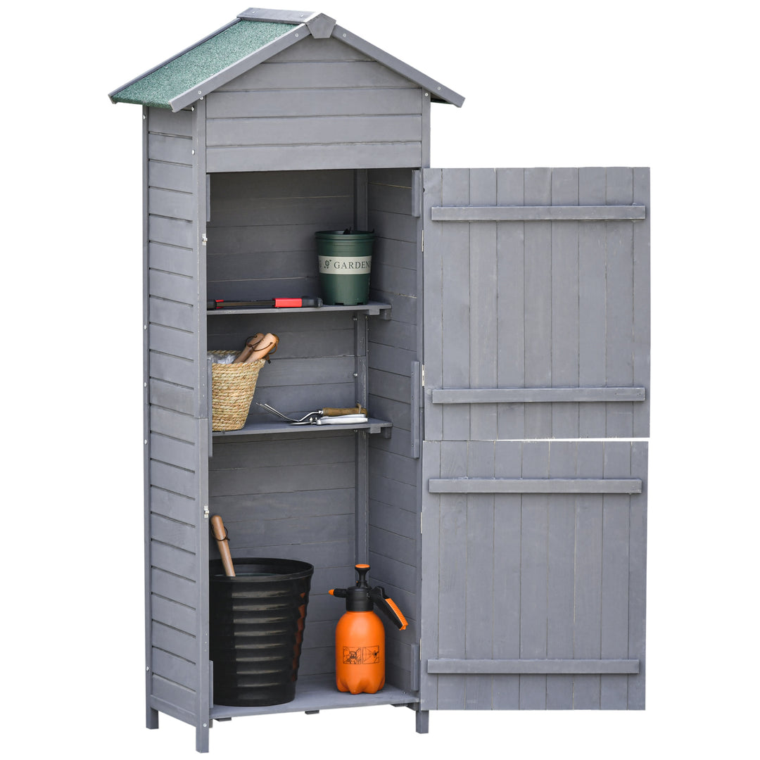 Outsunny Wooden Garden Storage Shed Timber Tool Cabinet Organiser w/ Tilted-felt Roof, Shelves, Lockable Doors, 189 x 82 x 49 cm, Grey