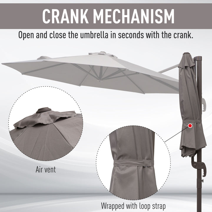 3M Roma Umbrella Sun Shade Cantilever Hanging Parasol w/ Cross Base Hand Crank Aluminium Frame 360°Rotation - Grey