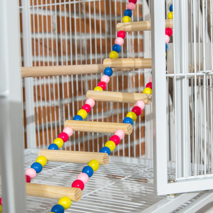 3 Tier Bird Cage with Stand, Wheels, Toys, Ladders, for Canaries, Finches, Cockatiels, Parakeets, Budgie Cage with Accessories - White