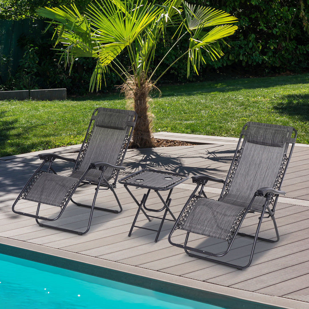 Outsunny 3pcs Folding Zero Gravity Chairs Sun Lounger Table Set w/ Cup Holders Reclining Garden Yard Pool, Light Grey
