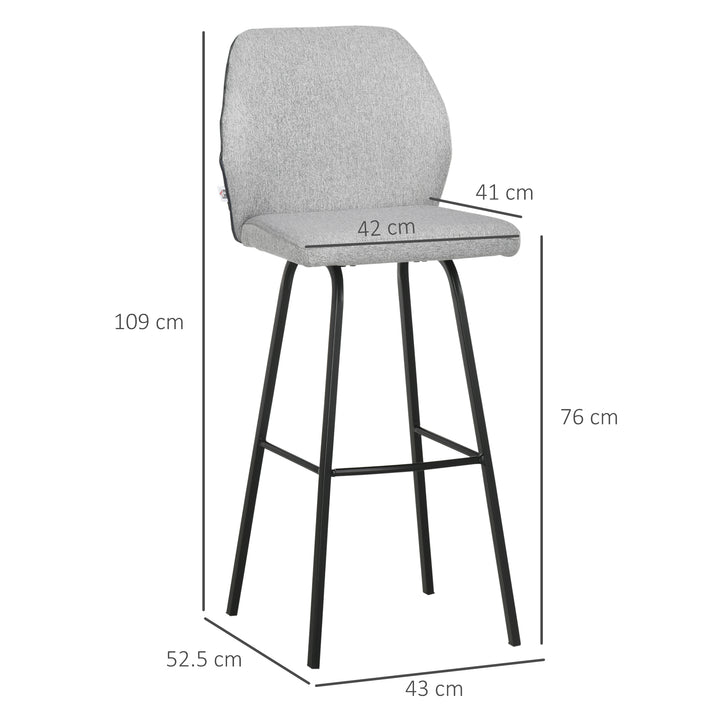 Bar Stools Set of 2, Linen-Touch Upholstered Bar Chairs, Kitchen Stools with Backs and Steel Legs, Light Grey