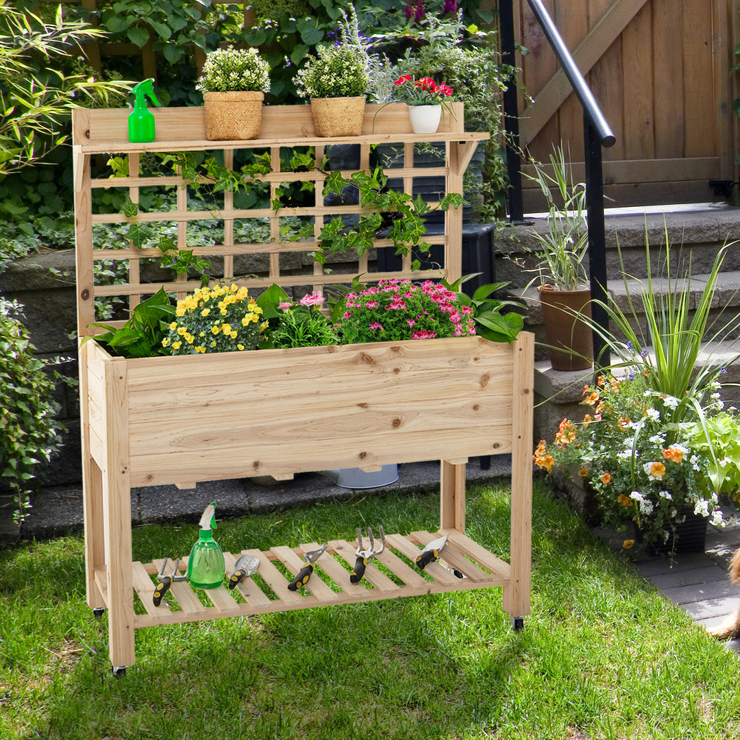 Wooden Raised Mobile Garden Bed with Trellis and Wheels