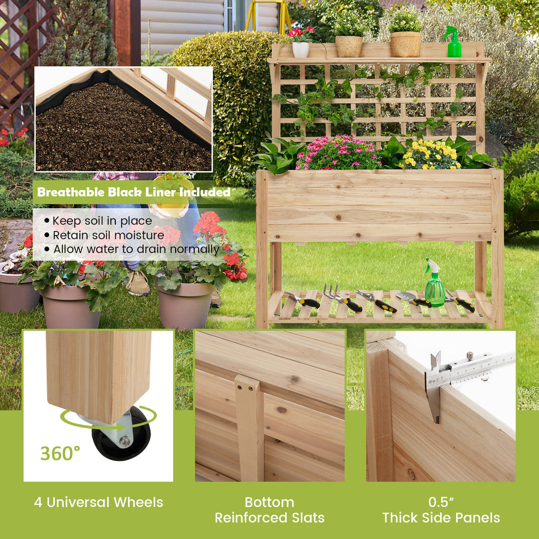 Wooden Raised Mobile Garden Bed with Trellis and Wheels
