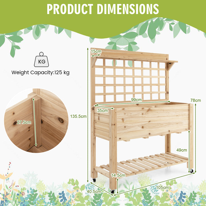 Wooden Raised Mobile Garden Bed with Trellis and Wheels
