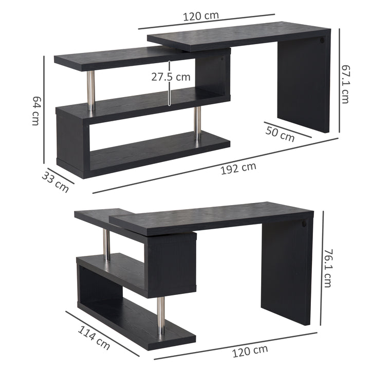 HOMCOM 360° Rotating L-Shaped Corner Computer Desk Home Office Writing Table Swivel Workstation with Storage Shelf, Black