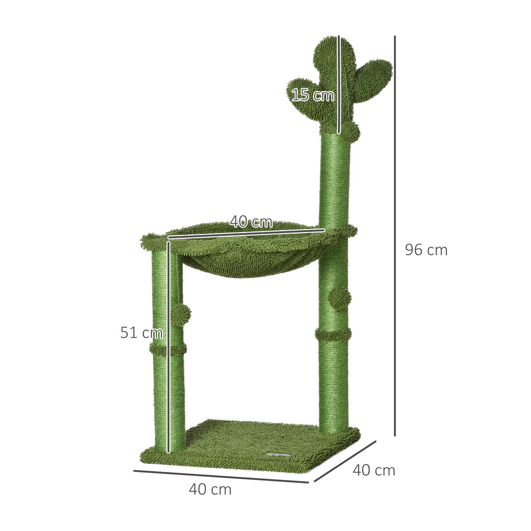 PawHut Cat Tower Kitten Activity Center Cactus Shape with Scratching Post Hammock Bed Dangling Ball Toy