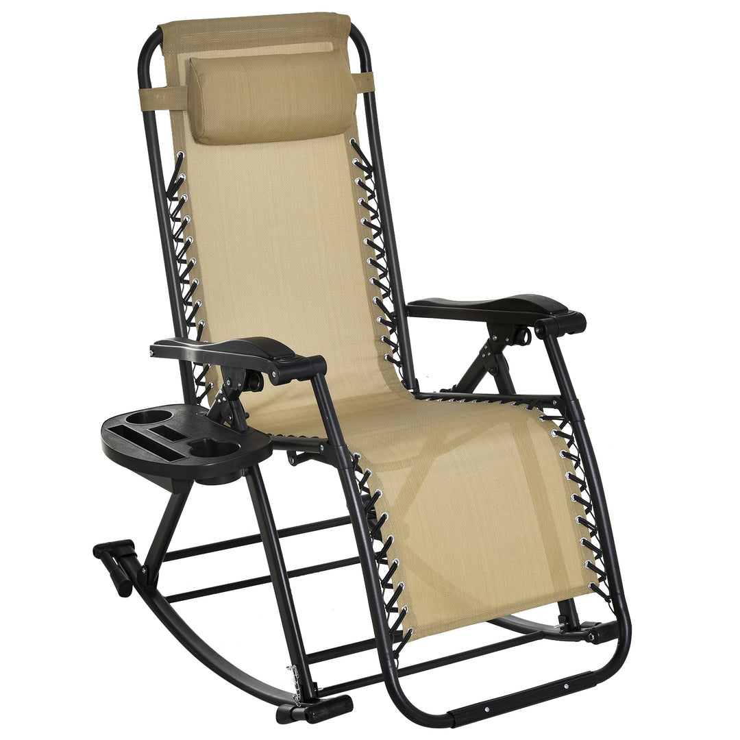 Outdoor Rocking Chair Folding Recliner Adjustable Sun Lounger with Headrest Side Holder Patio Deck - Beige