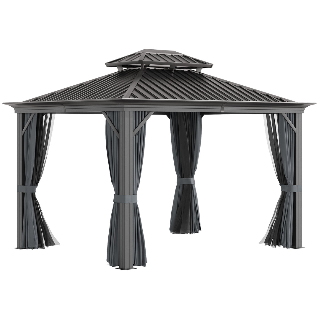 3.7 x 3(m) Outdoor Hardtop Gazebo Canopy Aluminum Frame with 2-Tier Roof &amp; Mesh Netting Sidewalls for Patio, Grey