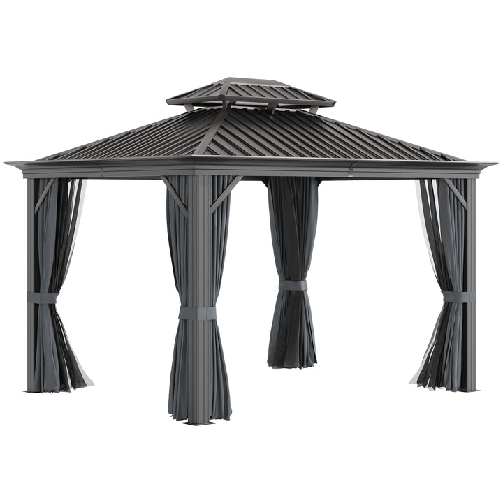 3.7 x 3(m) Outdoor Hardtop Gazebo Canopy Aluminum Frame with 2-Tier Roof &amp; Mesh Netting Sidewalls for Patio, Grey