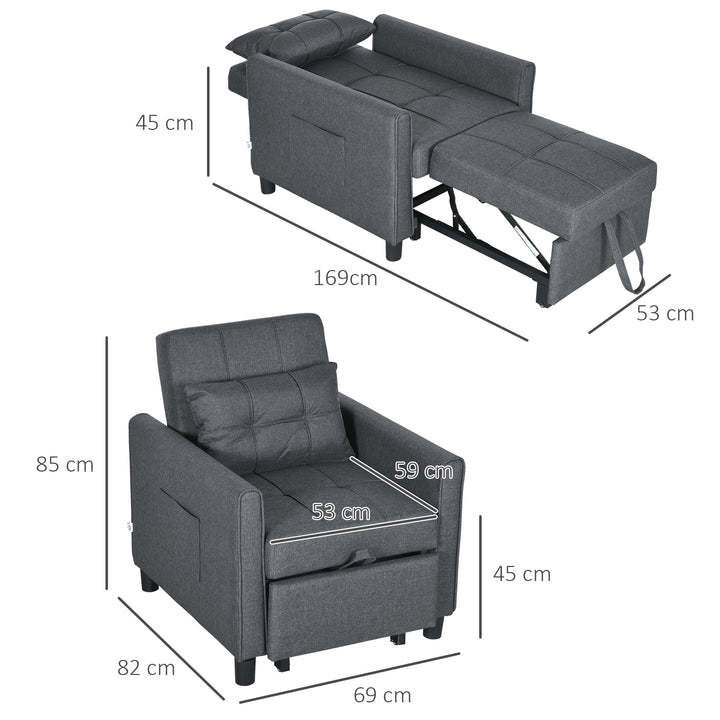 Folding Sofa Bed, Pull Out Single Sleeper, 3 in 1 Convertible Chair Bed with Adjustable Backrest, Pillow, Side Pocket for Home Office Grey