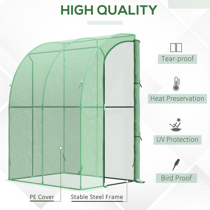 Outsunny Walk-In Greenhouse Lean to Wall Tunnel Greenhouse with Zippered Roll Up Door PE Cover and Steel Frame for Garden, 143 x 118 x 212 cm