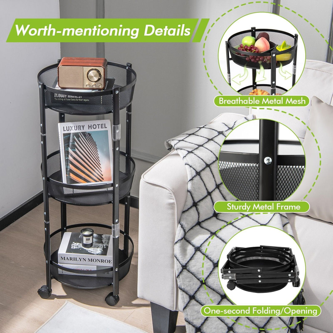 Round/Square 3-Tier Folding Metal Storage Trolley-Round
