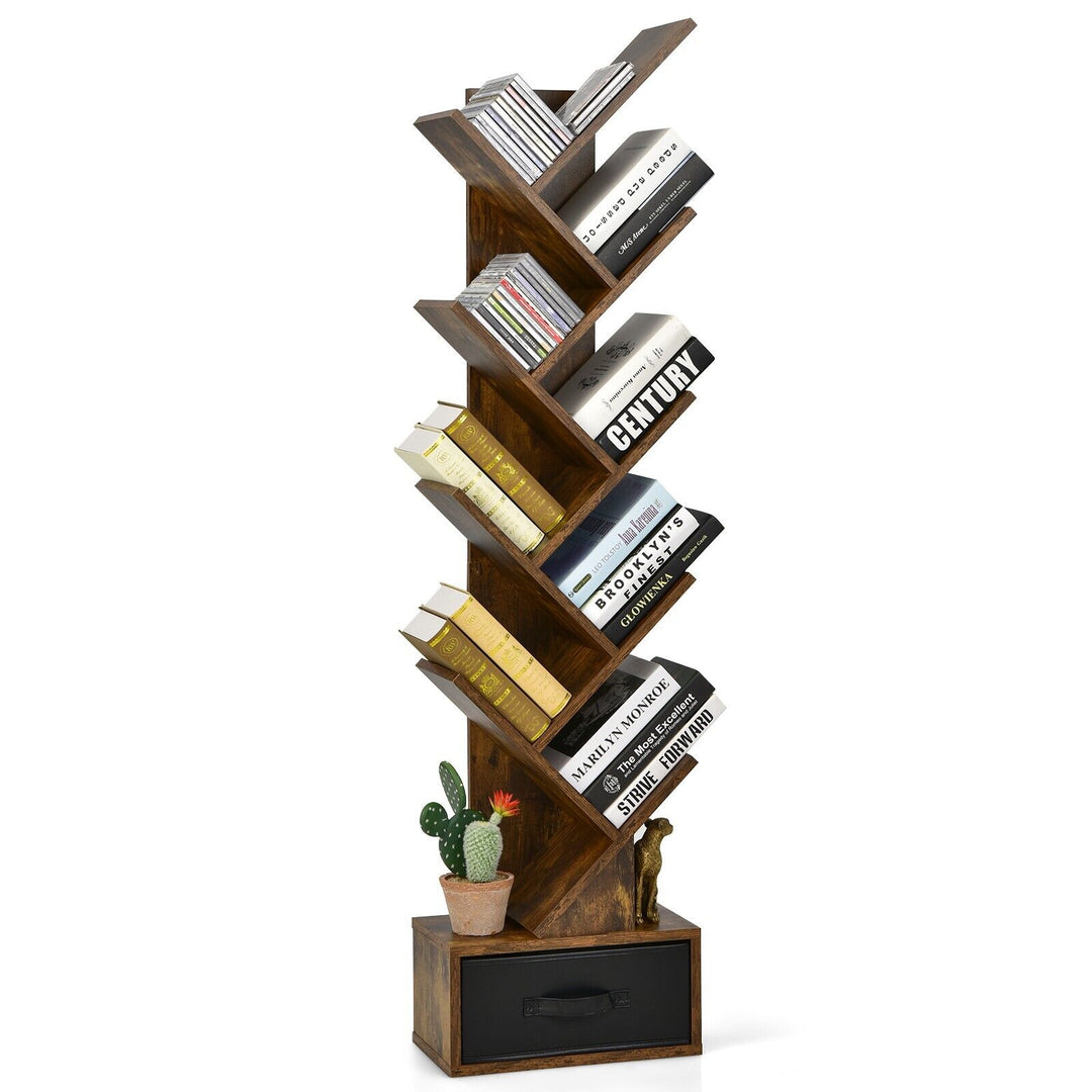 Freestanding Tree Bookshelf with Drawer-Rustic Brown